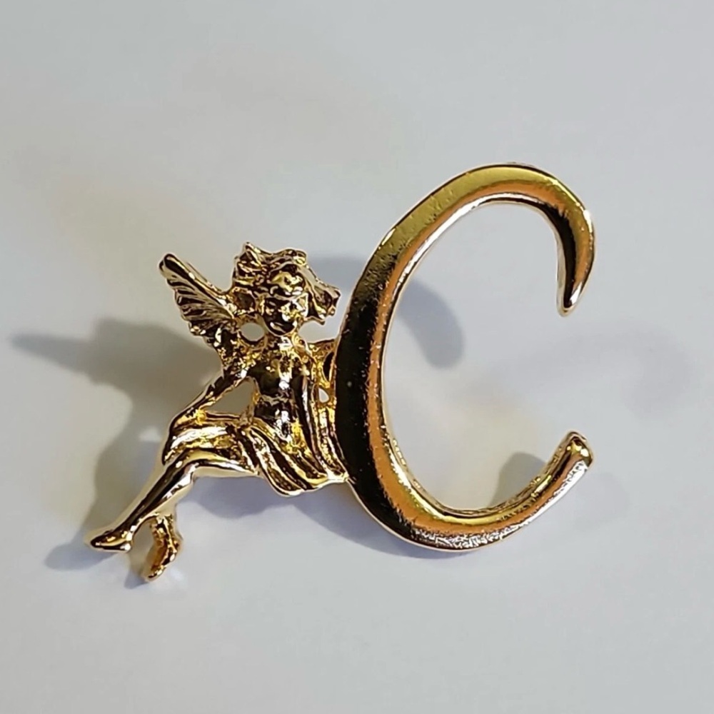 Gold Tone Fairy Initial C Brooch Whimsical Letter Pin